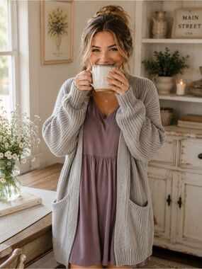Tahari Gray Cotton Luxe Open Front Cardigan Pockets M